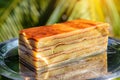 Bebinka on platter, close-up. Bibik, a national dessert in Goa, India. Multi-layer sweet pudding based on coconut milk and flour Royalty Free Stock Photo