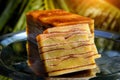 Bebinka on platter in sunlight, blurred leafy background, close-up. Bibik, the national Goan pie, cut into slices. Multi-layer Royalty Free Stock Photo