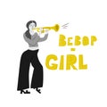 Bebop Girl trumpet player cartoon illustration with lettering in flat style.