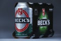 Beck`s cans, isolated, white background Royalty Free Stock Photo