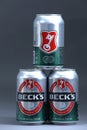 Beck`s cans, isolated, white background Royalty Free Stock Photo