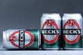 Beck`s cans, isolated, white background Royalty Free Stock Photo