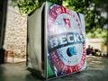 Beck`s logo napkins holder in bar table becks beer brand german