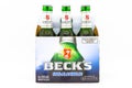 Fayetteville , North Carolina / USA - September 19 2019 : Pack of Beck`s Non Alcoholic Beer on white background.