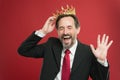 Become king ceremony. I am just superior. Award and achievement. Feeling superiority. Being superior human. Man bearded Royalty Free Stock Photo