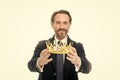 Become king ceremony. King attribute. Become next king. Monarchy family traditions. Man nature bearded guy in suit hold Royalty Free Stock Photo