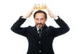 Become next king. Monarchy family traditions. Man nature bearded guy in suit hold golden crown symbol of monarchy Royalty Free Stock Photo