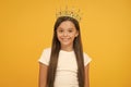 Become princess concept. Every girl dreaming to be princess. Lady little princess. Compelling baby. Kid wear golden Royalty Free Stock Photo