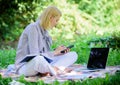 Become successful freelancer. Managing business outdoors. Woman with laptop sit grass meadow. Business lady freelance