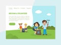 Become a Volunteer Banner, Landing Page Template, Children Gathering Garbage and Plastic Waste for Recycling