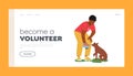 Become A Volunteer Landing Page Template. Friendly Man Feeding Dog In Animal Shelter Or Pound. Young Man Giving Food