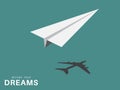 Paper Airplane with the real airplane as its shadow Royalty Free Stock Photo