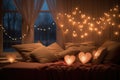 A bed adorned with an abundance of pillows, each one illuminated by a string of lights, Heart-shaped lights illuminating a cosy Royalty Free Stock Photo