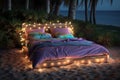 Bed on beach with lights, romantic exotic landscapes