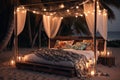 Bed on beach with lights, romantic exotic landscapes