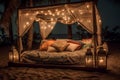 Bed on beach with lights, romantic exotic landscapes