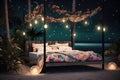 Bed on beach with lights, romantic exotic landscapes