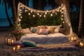 Bed on beach with lights, romantic exotic landscapes