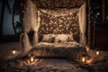 Bed on beach with lights, romantic exotic landscapes