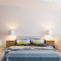 Bed in the bedroom with blue bedspread and pillows wall mockup