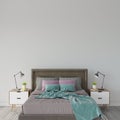 Bed in the bedroom with blue-pink pillows and blue bedspread wall mockup