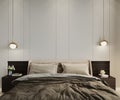 Bed in the bedroom with grey pillows and lamps empty interior wall mockup