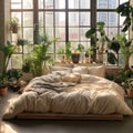 Bed with beige bedding in room with many green houseplant Royalty Free Stock Photo