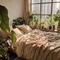 Bed with beige bedding in room with many green houseplant Royalty Free Stock Photo