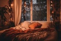 A bed with a blanket and pillows in front of a window. Generative AI image. Royalty Free Stock Photo
