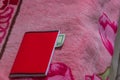 A bed blanket with a red notebook on it, with a twenty-dollar bill sticking out of it. Money as a Way to Get Homework Royalty Free Stock Photo