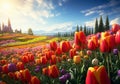 Bed of blooming tulips. Flowers and plants in spring. AI generated Royalty Free Stock Photo