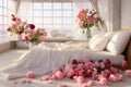 Bed of blooms large white bed adorned with bright peonies