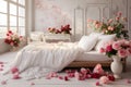 Bed of blooms large white bed adorned with bright peonies