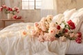 Bed of blooms large white bed adorned with bright peonies