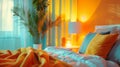 A bed with a blue blanket and pillows in front of the window, AI Royalty Free Stock Photo