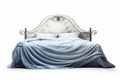 Bed with blue blanket and pillows on it's headboard. Generative AI Royalty Free Stock Photo