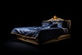 Bed with blue comforter and gold headboard. Generative AI Royalty Free Stock Photo