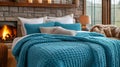 Bed with blue and white pillows and bedspreads. Interior design of a modern bedroom