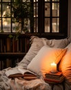 a bed with books and a candle on it