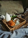 Bed breakfast with bread and a cup of tea