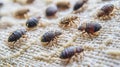 Bed bugs crawling on fabric surface, close-up view, detailed texture Royalty Free Stock Photo