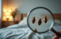 Bed bugs inspected close up with magnifying glass on white bed sheets. Small insects causing infestation in bedroom. Need for Royalty Free Stock Photo