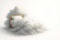Bed buried in clouds, on a white background. Space for text. Royalty Free Stock Photo