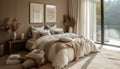 the bed is in a calm and neutral color, in the style of poetic and atmospheric style