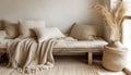 the bed is in a calm and neutral color, in the style of poetic and atmospheric style