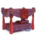 Bed with canopy in oriental style with a lot of pads of different shapes.