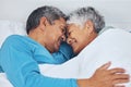 Bed, care and old couple with love, relax and marriage with retirement, relationship and romance. Morning, happy elderly Royalty Free Stock Photo