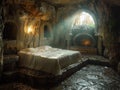 Bed in Cave Room With Stone Fireplace Royalty Free Stock Photo
