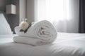 bed comfortable spa bath flower modern bedchamber window towel welcome. Generative AI.