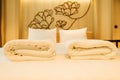 Bed for couple. interior of a luxury double bed in bedroom at ni Royalty Free Stock Photo